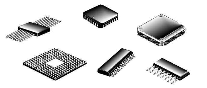 A selection of automotive-grade ICs in various package types, including QFP, BGA, and SOIC.