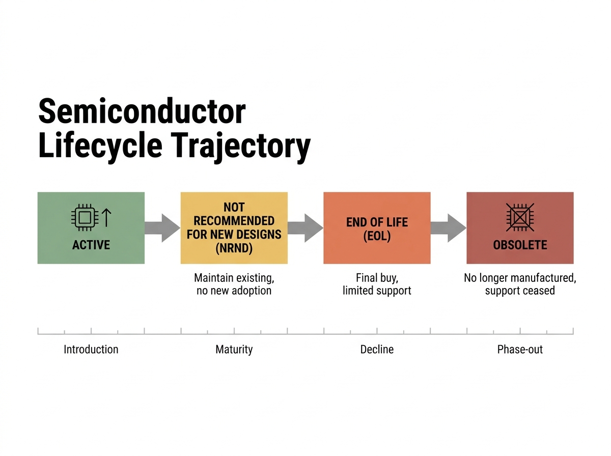 A detailed vector diagram mapping the lifecycle stages of an automotive semiconductor from Active, to Not Recommended for New Designs (NRND), End of Life (EOL), and Obsolete. Render the text 