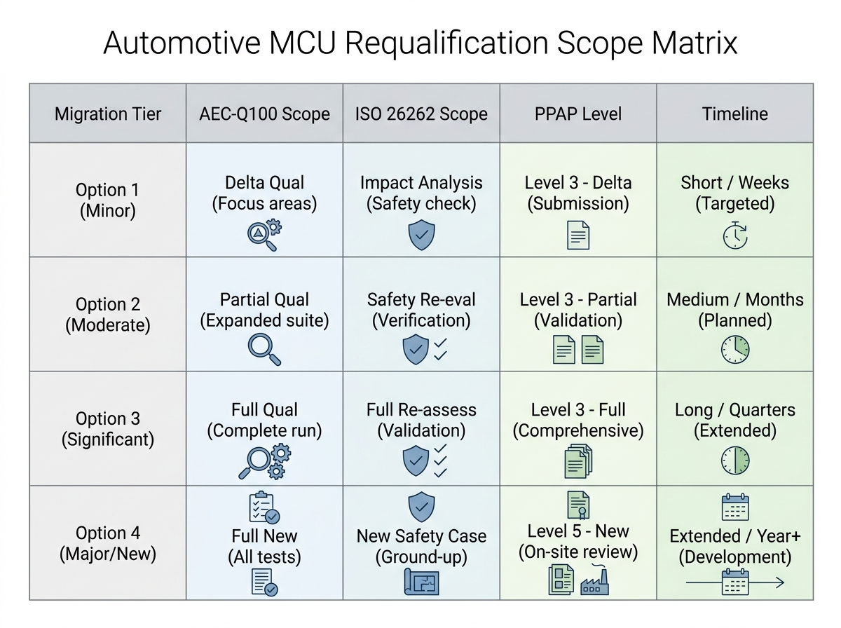 A matrix diagram outlining automotive qualification requirements across four migration tiers. Rows labeled Option 1 through Option 4. Columns labeled AEC-Q100 Scope, ISO 26262 Scope, PPAP Level, and Timeline. Render the title 
