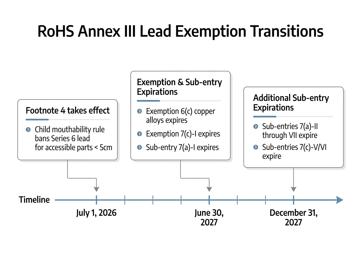A chronological timeline chart displaying RoHS Annex III lead exemption transition dates. On July 1, 2026, the milestone reads 