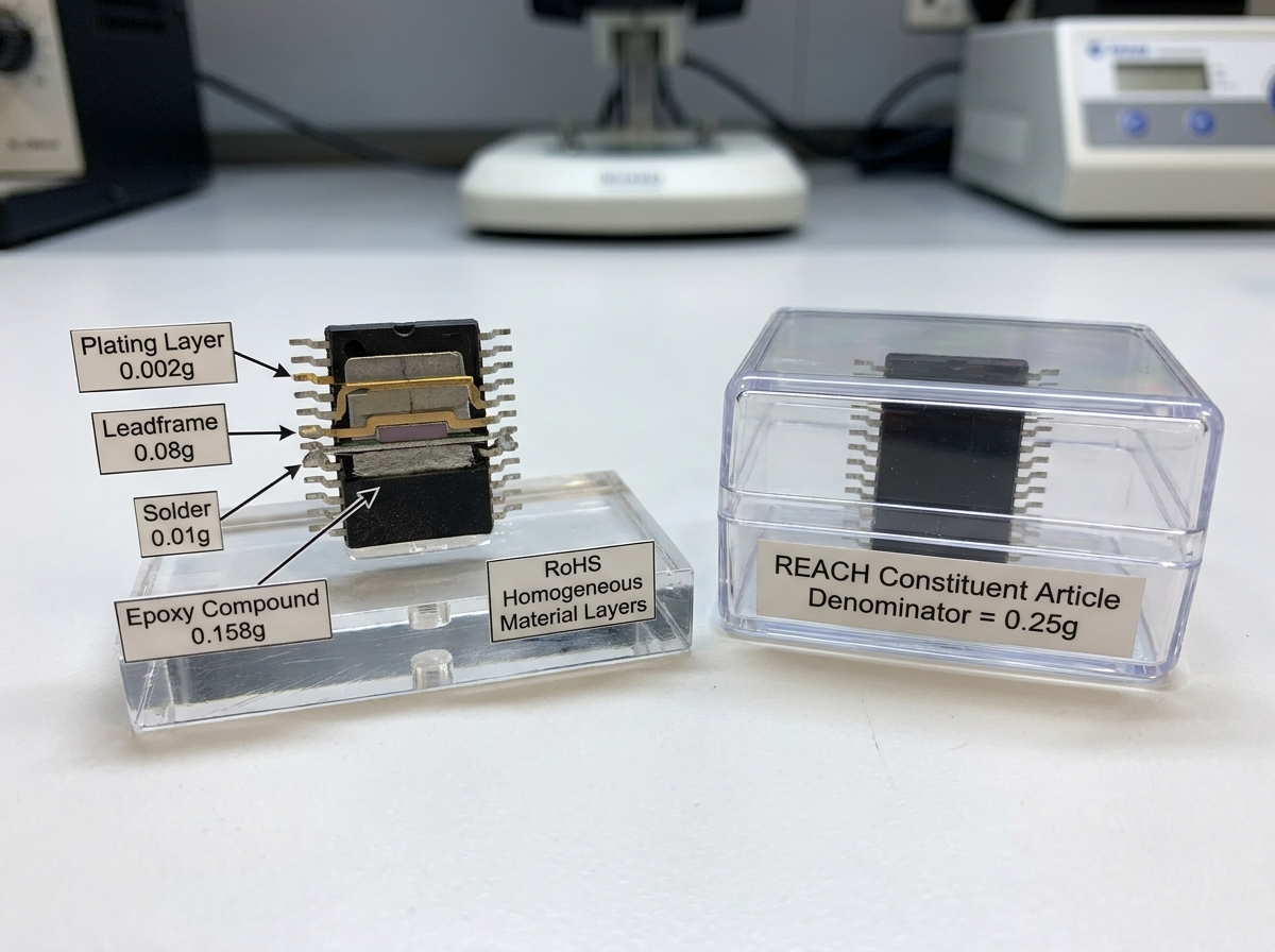 A technical diagram comparing RoHS homogeneous material layers versus REACH constituent article O5A calculation. On the left, an IC package is sliced into distinct layers labeled 
